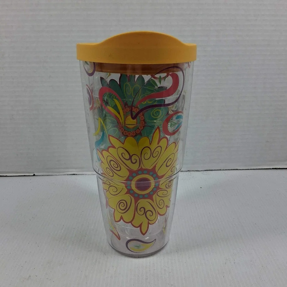 Tervis 24oz Insulated Tumbler Paisley Floral Clear Yellow Travel Lid Made in USA